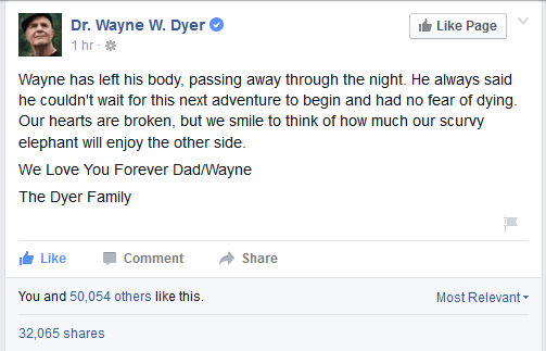 Nachricht über den Tod von Dr. Wayne W. Dyer auf Facebook.