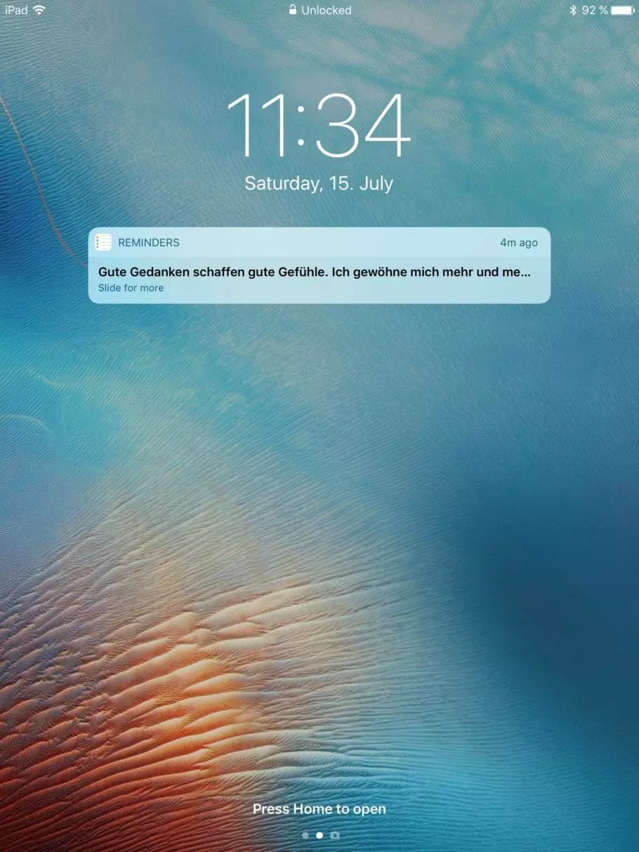 iPad Screenshot mit Affirmationstext aus der Reminder App.