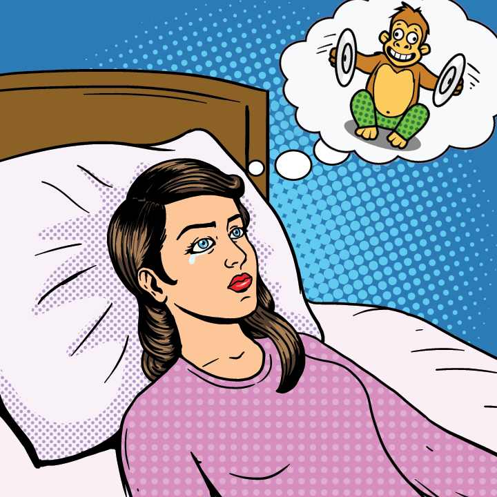 Cartoon, Frau liegt im Bett, in Gedankenblase wird Sie von einem lärmenden Affen genervt.